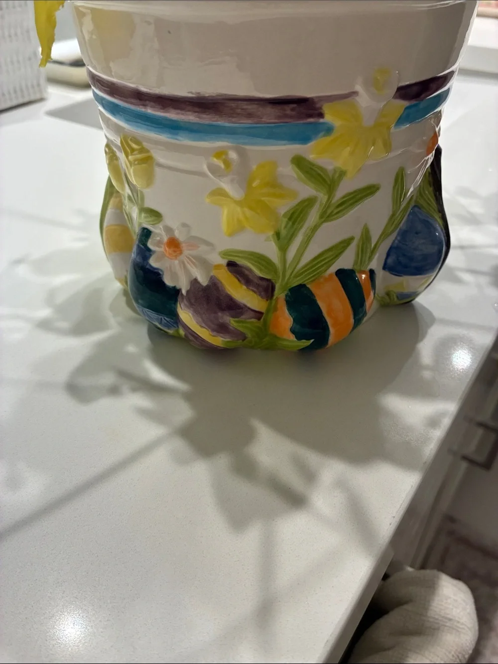 Hand-Crafted Floral Ceramic Vase with Yellow Silk Flowers